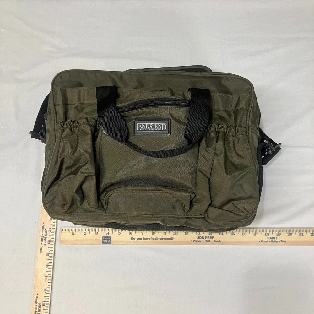 Lands End Direct Merchants Olive Green Nylon‎ Messenger Bag Multi Pocket Travel